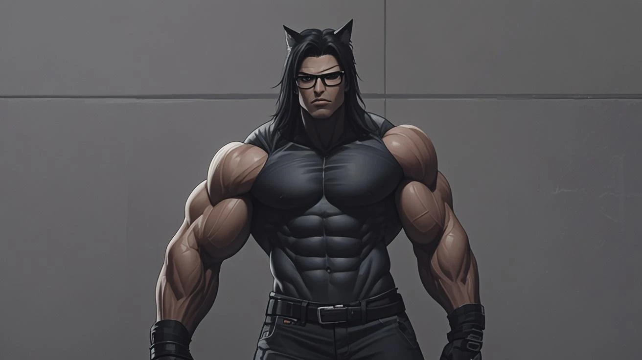 Man, with wolf ears, strong and muscular, villainous, a dark tone, wearing black bear skins as clothing, a cicatris one over one of the eyes,