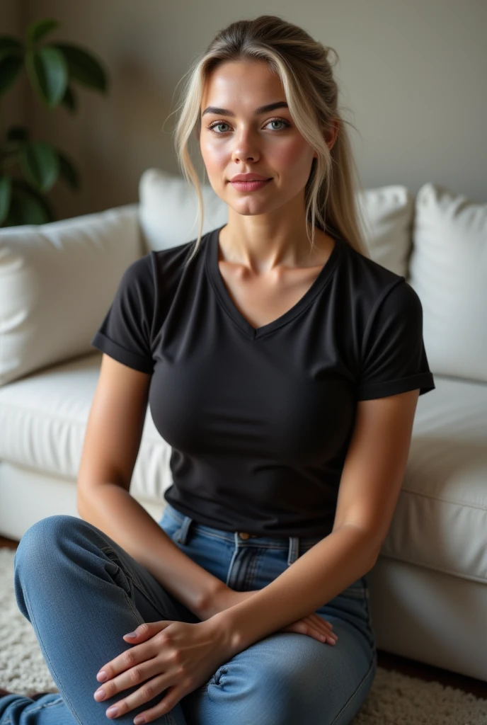 1 fille, 19 ans, cheveux longs, seins moyen, regarder la visionneuse, cheveux blond, yeux bleu gris, assise sur une chaise a l'hotel, pantalon noir moulant et chemise blanche, ultra realistic, huge breasts