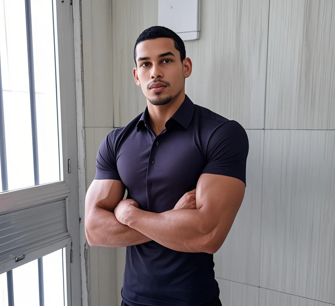 handsome Black FEDex guy, well-muscled, 4K, hight resolution, smooth skin, finely detailed skin, bulge