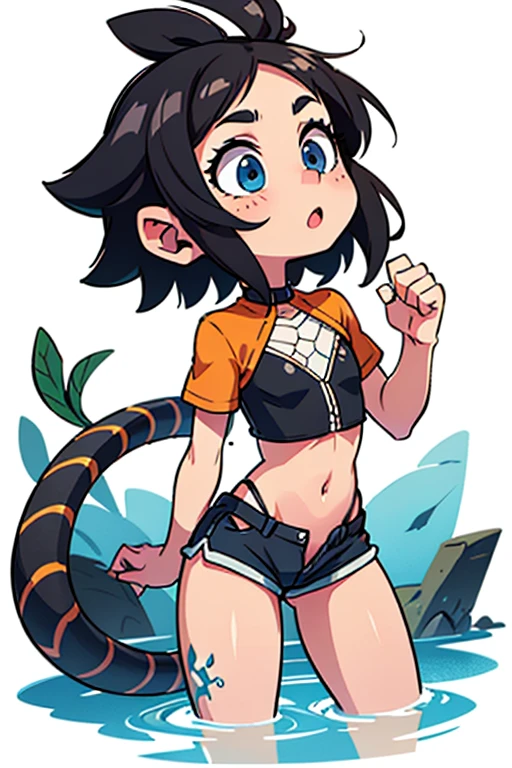 1 girl, Eunectus  \(polar nights\), the ark is a masterpiece, Best quality), newest, ,wet clothes, I look at the viewer,from the nanny, wet clothes, rating:NFV , thick, she has a python tail, black hair, nude,?????, only transparent t-shirt,, Blue eyes, green, sexual, hot, slender body, pointed ears, short hair, style