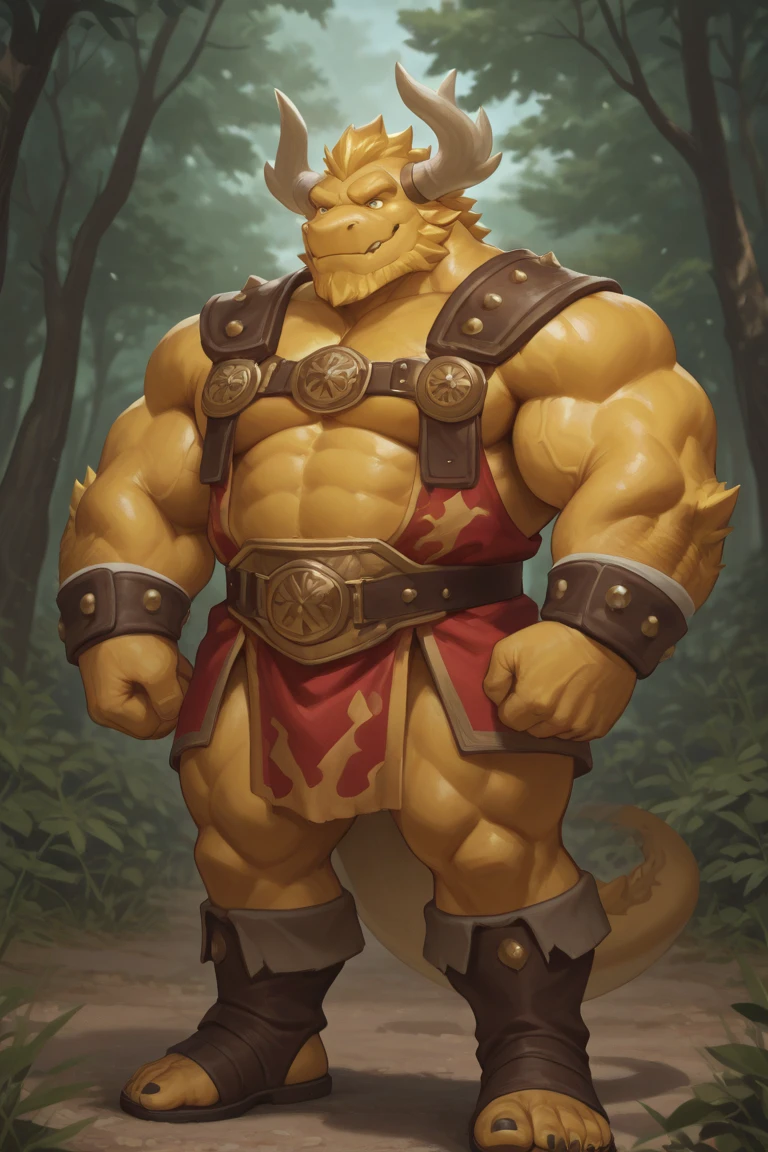 hyper muscular green orc, two arms, knotted penis, nipples pierced, wearing a leather harness, battle-worn, glowing red eyes, aggressively flexing, hyper penis, erect penis, big balls, Blizzard Entertainment, detailed skin, skin blemishes, Warcraft, background horde city, orgrimmar, background cinematic Hollywood movie style, light depth of field, vignette, highly detailed, high budget
