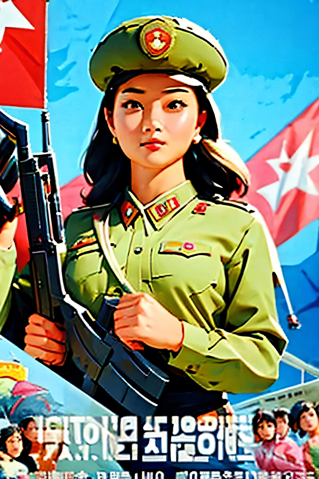 Beautiful Korean girl salesman . breast size 3 . 19 years old . She is a North Korean Army officer . proud look . she's standing with a gun . A squad of girls .