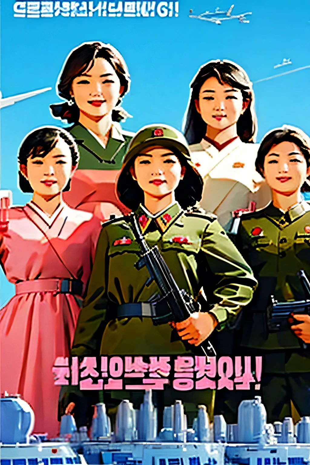 Beautiful Korean girl salesman . breast size 3 . 19 years old . She is a North Korean Army officer . proud look . she's standing with a gun . A squad of girls .