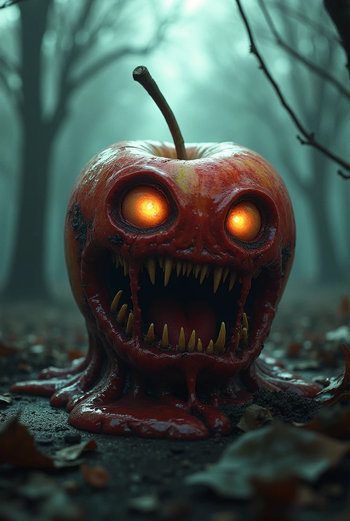 a trail of rotten black grass from an evil apple with a sewn on leather face at night