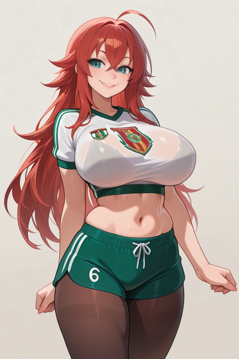 (1women) , (23 year old) , (Medium wavy redhead) , (light brown skin) , (green eyes) , (curvy body) , mocking look , sexy school clothes , colombia flag bracelet on your forearm