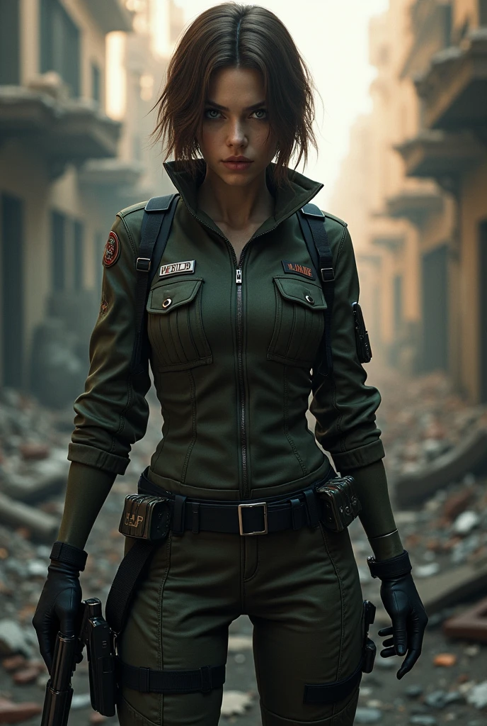 Generates a woman with gray eyes and short brown hair who is a tough bodyguard