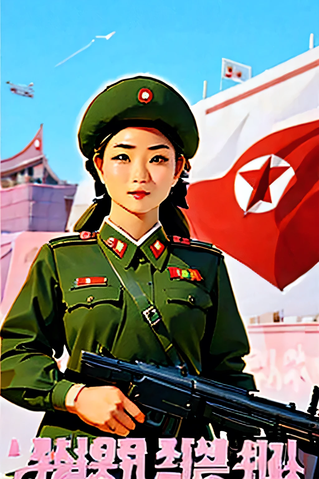 Beautiful Korean salesman . breast size 3 . 19 years old . She is a North Korean Army officer . proud look . she's standing with a gun . shoots .