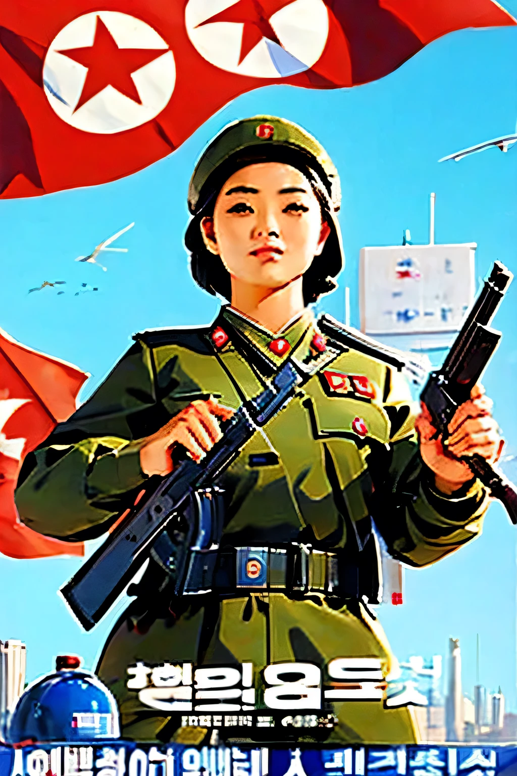 Beautiful Korean salesman . breast size 3 . 19 years old . She is a North Korean Army officer . proud look . she's standing with a gun . shoots .
