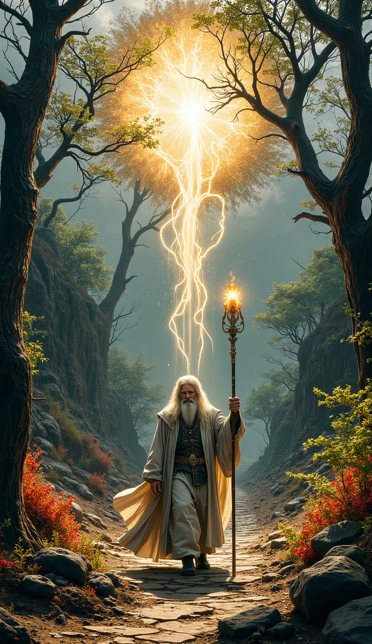 A hyper realistic and high detail scene showing a powerful wizard walking through a dead, barren land. The ground is cracked and dry, the trees are withered and leafless, the rivers are empty, and the sky is covered in gray clouds. The wizard, an ancient man with a long beard and glowing eyes, raises his staff into the air. A wave of golden light radiates from it, reviving the world around him. Trees burst into green leaves, rivers begin to flow with sparkling water, flowers bloom instantly, and the sky clears into a magical blue. The wizard wears a long robe, a flowing cloak moved by the wind, and his staff glows with a mystical crystal. The scene captures the moment of transformation, with half the land still dead and the other half full of life and magic. — cinematic angle, dramatic lighting, fantasy style, epic atmosphere, magical realism, ultra-detailed textures, enchanted forest emerging from death