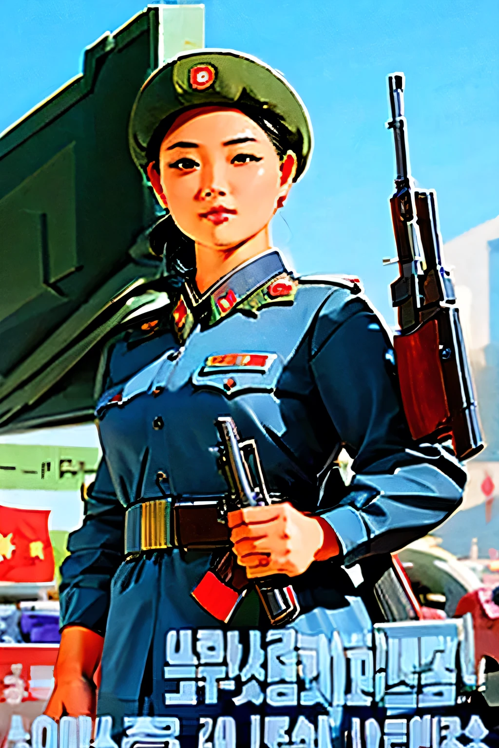 Beautiful Korean salesman . breast size 3 . 19 years old . She is a North Korean Army officer . proud look . she's standing with a gun . shoots .