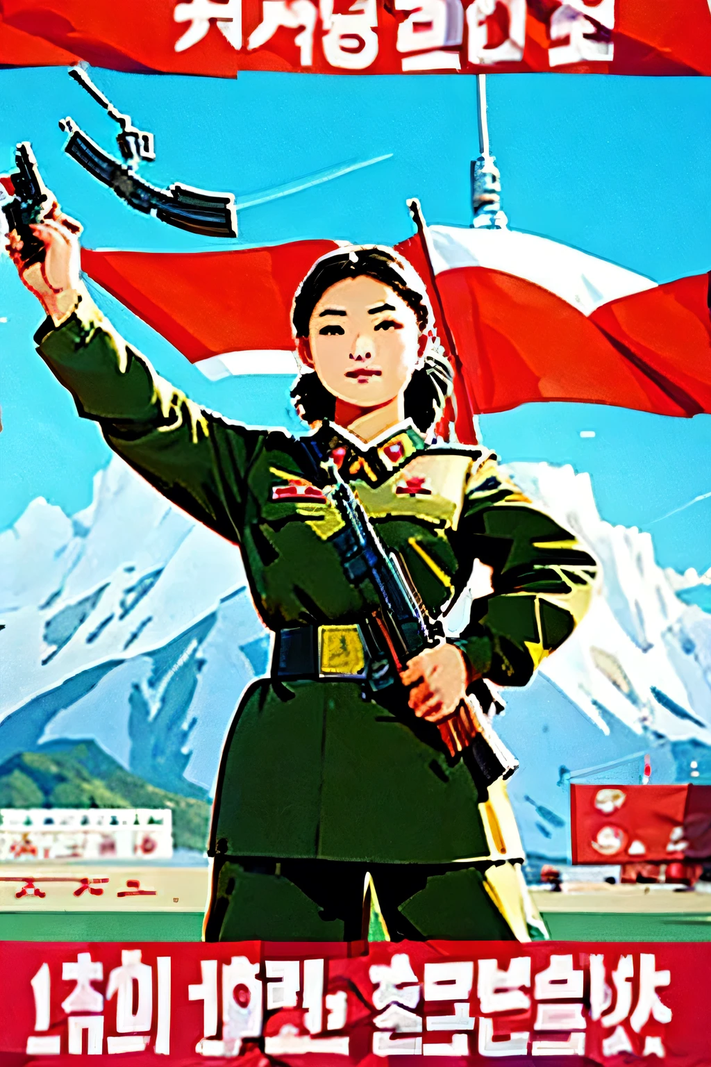 Beautiful Korean salesman . breast size 3 . 19 years old . She is a North Korean Army officer . proud look . she's standing with a gun . shoots .