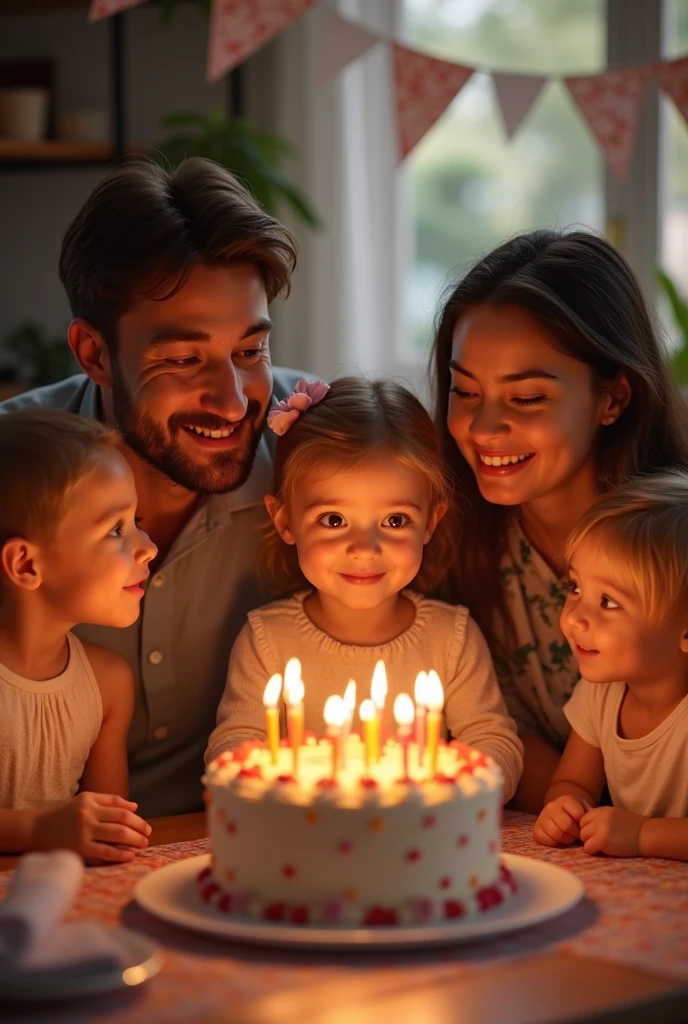 image of a photograph of a child with raven hair, blue eyes, blowing out the candles on a cake in front of him, and on his left side is his mother and on the right his dad

