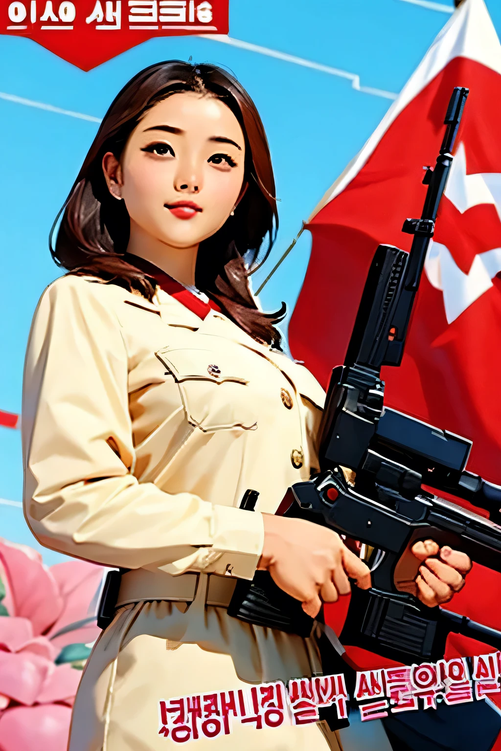Beautiful Korean girl salesman . breast size 3 . 19 years old . She is a North Korean Army officer . proud look . she's standing with a gun . shoots .