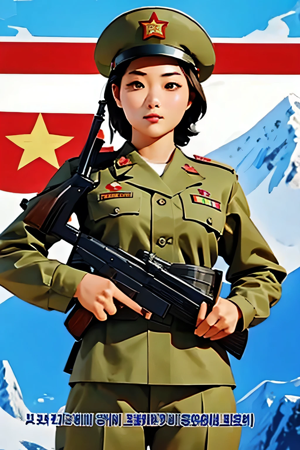 Beautiful Korean girl salesman . breast size 3 . 19 years old . She is a North Korean Army officer . proud look . she's standing with a gun . shoots .
