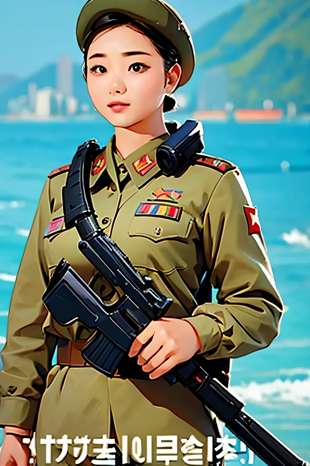 Beautiful Korean girl salesman . breast size 3 . 19 years old . She is a North Korean Army officer . proud look . she's standing with a gun . shoots .