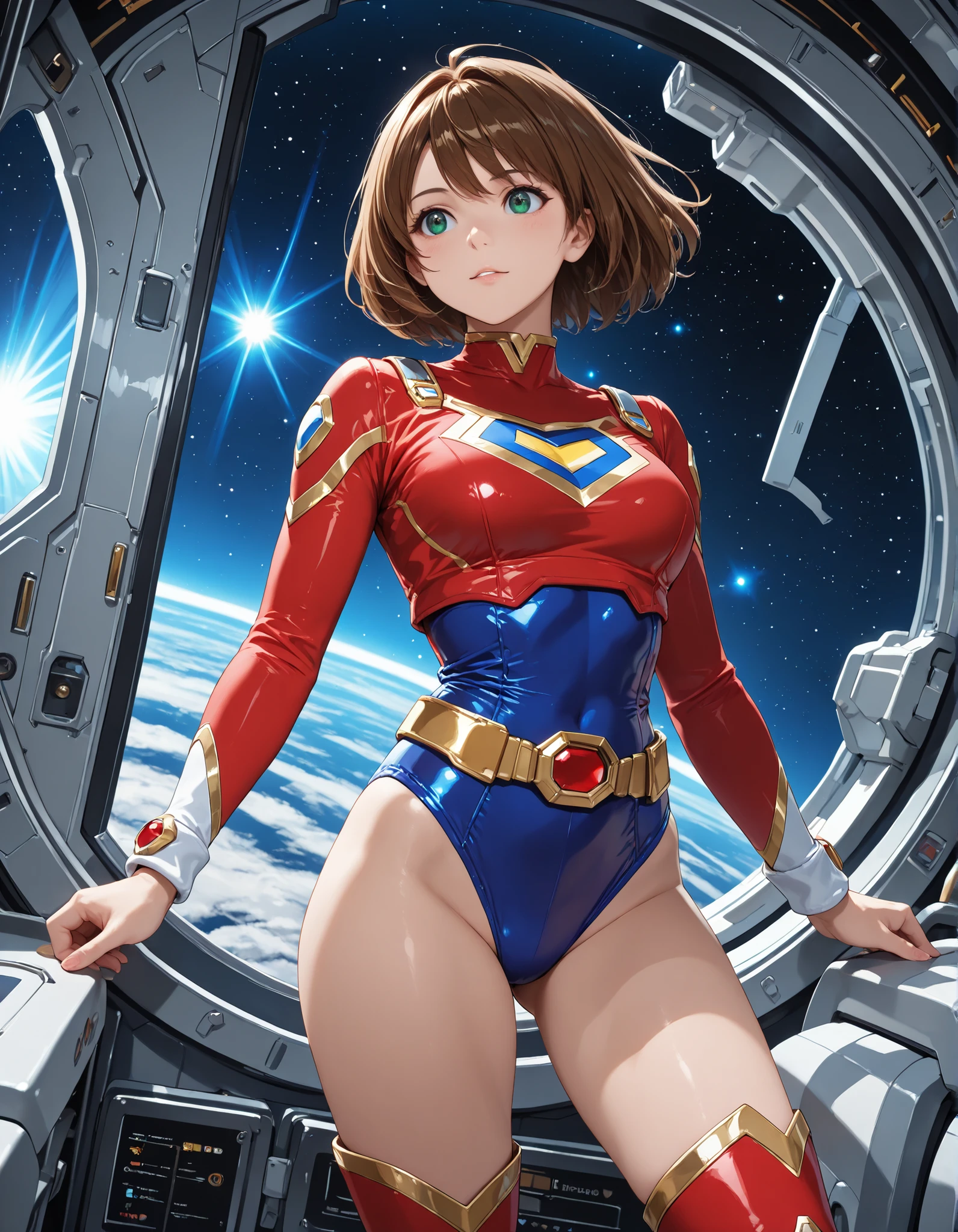 1girl, solo, leotard, bare legs, boots, hands on hip, matching gloves, superhero, space backdrop