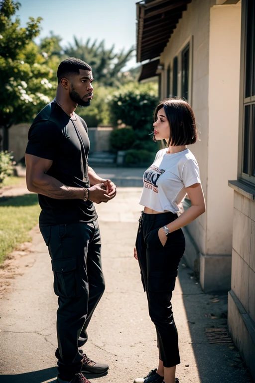 Draw a kenyan man called Roba who's age 16 big body builder wearing a black t-shirt written "Roba" sitting with his girlfriend
