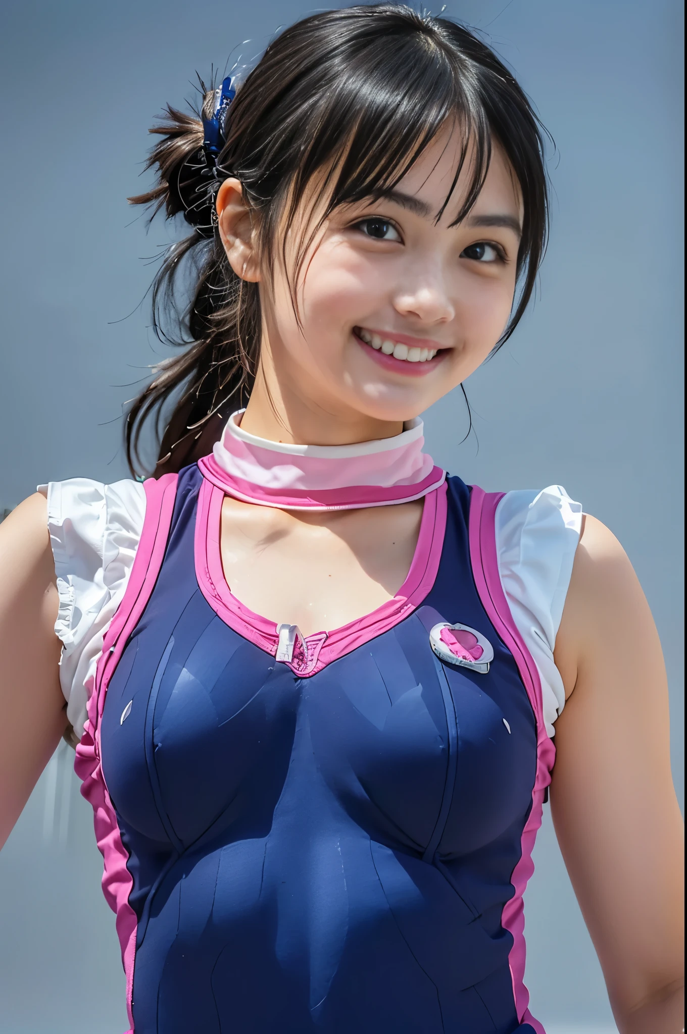 Japanese schoolgirl, Kiddie,Neon-colored cheerleader cosplay,No sleeve, (smile:0.7), Suggestive,(Hair Black hair:1), Cleavage, (Small breasts)