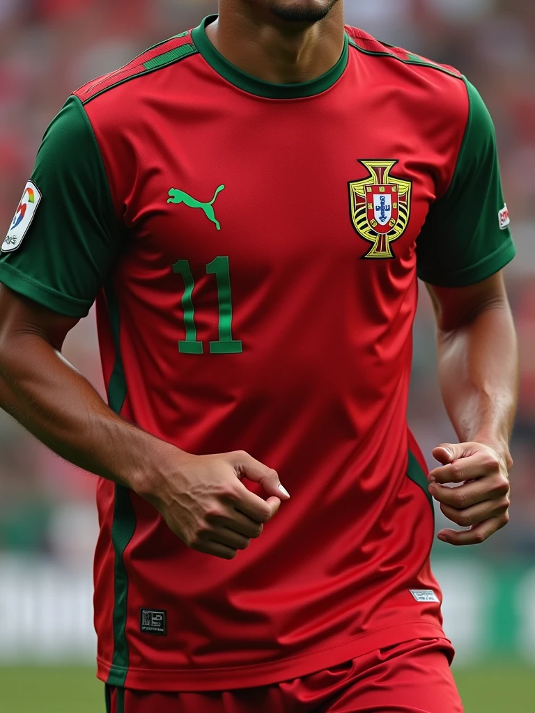 A football jersey with a new design using green colors, yellow and red
