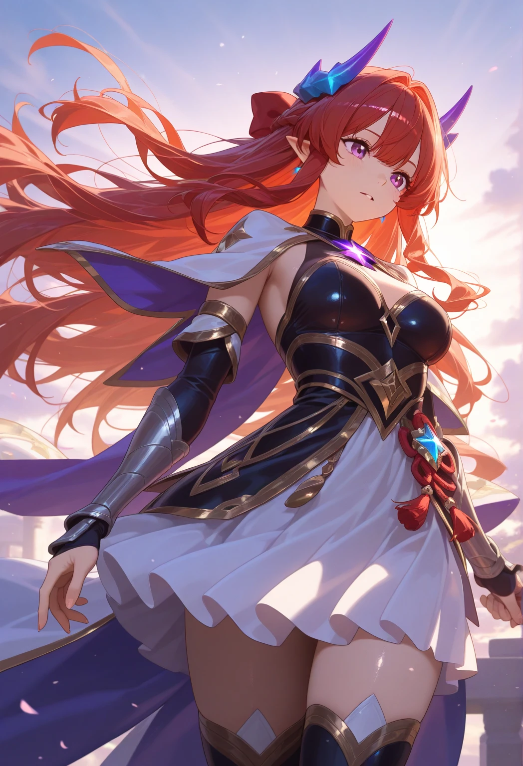 a close-up of a person with red hair and a sword, impacto de ayaka genshin, jogo ayaka impacto Genshin, keqing do impacto genshin, zhongli do impacto genshin, also, anime moe art style, genshin, cute anime waifu in a beautiful dress, female protagonist 👀 :8, demon slayer rui fanart, purple eye iris
