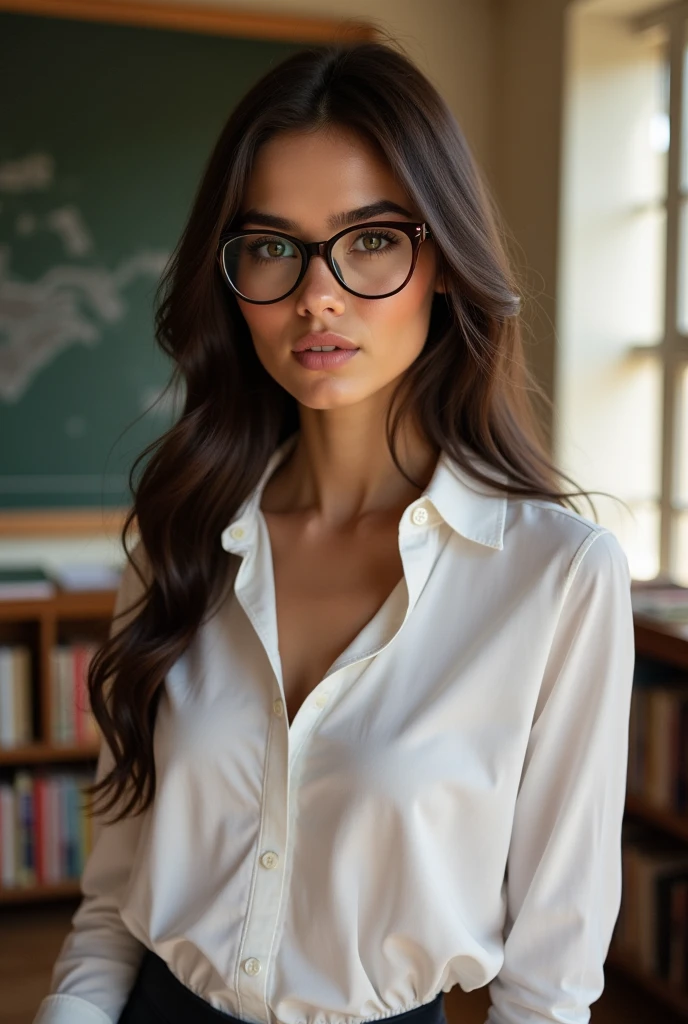 jeune femme de 25 ans, brune aux yeux bleus, topless, library, lunettes, cravate autour du cou