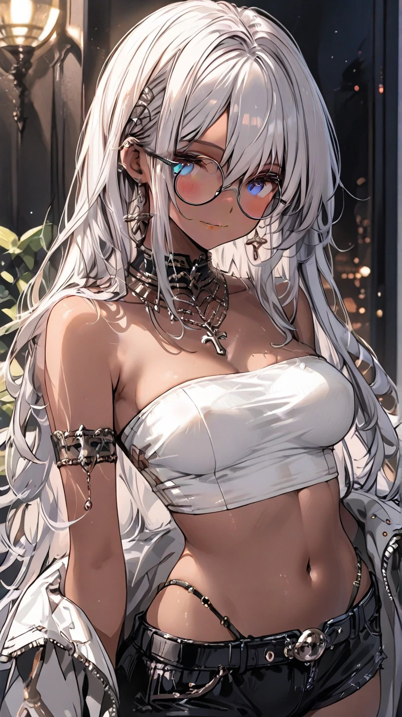 top-quality、Top image quality、biwa hayahide \(umamusume\)、under rim glasses、 ​masterpiece、girl with((20yr old、Best Bust、big bast、Bust 85、Breasts wide open、A slender、Large valleys、Gold Bikini、Gold Dress,Leaning forward、Reflecting the whole body)）hiquality、Beautiful Art、Background with((Luxury Hotels、Golden Chain、Window with night view)))masutepiece、visualart、depth of fields、