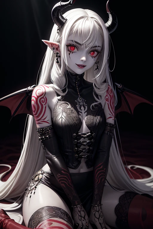 a demon with horns and white hair is posing for a picture, succubus, a demonic skin, Nectrotic skin, Burnt skin, female demon, hyperdetailed fantasy character, dark demon succubus, portrait of an demon queen, demon princess, of an elden ring demon, demon character with smirk, demon, demon queen, complex fantasy character, portrait of demon royalty