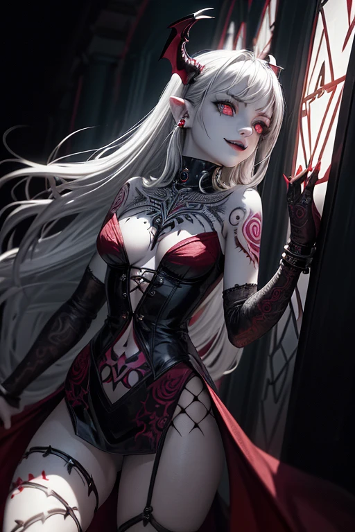 4k, high detail, high detail light - imagination - masterpiece: 1.2, highest quality), (best lighting, very delicate and beautiful), (best lighting, very delicate and beautiful), (beautiful detailed face), (detailed eyes and detailed face: 1.2), dark fantasy, (young girl, little beast, 1girl, solo, crazy smile, pale skin,piercing,((Big tattoo with all over the body , Tribal tattoo all over leg)))gray hair, glowing red eyes, dynamic angle, vampire), (get vampire castle in the background), (red moon, red sky), pointy_ears, fangs, demon wings, demon horns, blood on face, blood rain, blood mist, (depth of field), high contrast, (blood splash: 1.4), cowboy shot, full body,