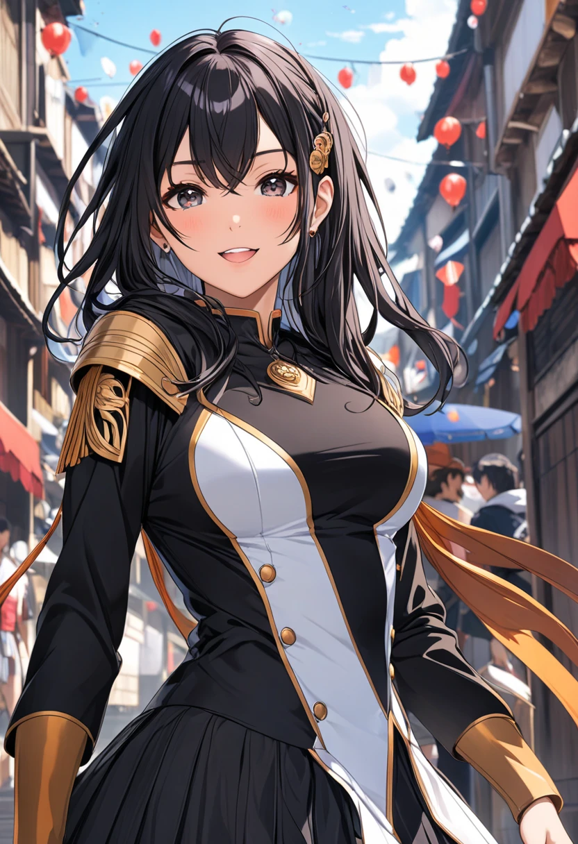 highest quality、Realistic、female、zoom、Orange Eyes、Short black wavy hair、Tempered body、Hero Suit、Glossy white bodysuit、Blue and gold accents、slender、Dark Skin、Large Breasts、An inappropriate smile、bustling street、Bust Shot、
