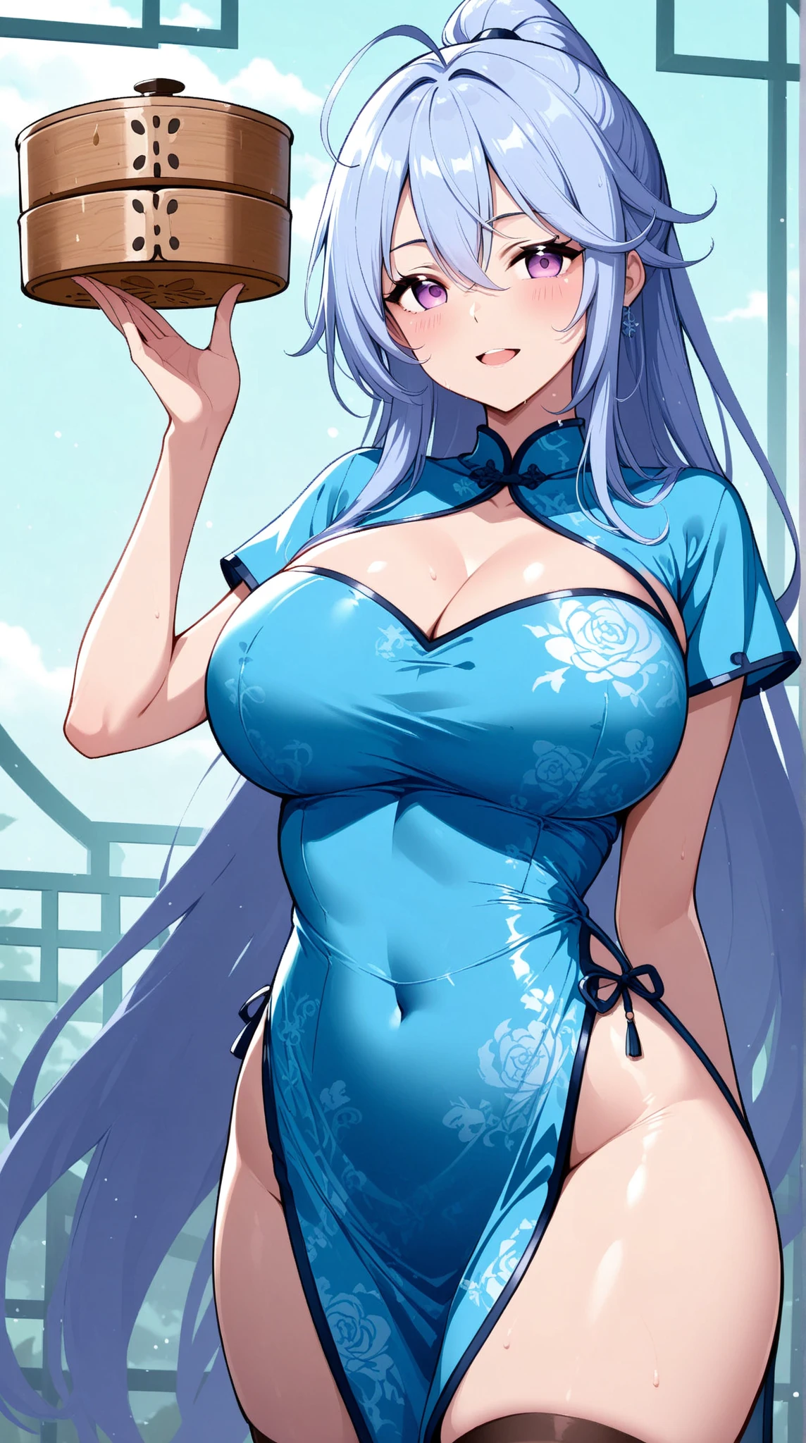 Silver long hair、Deep blue eyes、woman、美しいwoman、Large Breasts、Blue and white Chinese dress、A Chinese dress with a black translucent cloth in the cleavage、Outdoor、During sexual intercourse、orgasm、A cheongsam with hidden curves(100-60-78cm)、he is short、High school girls cosplaying
