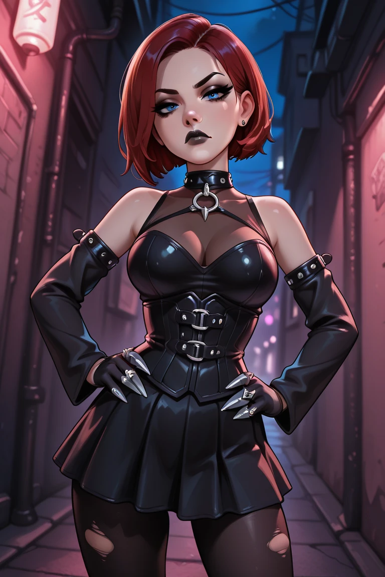 Latex girl lustful smirking smile red blush red cheeks, chain leash, hands behind the head, kneeling, shackles, leather black collar slave, 2 high ponytails