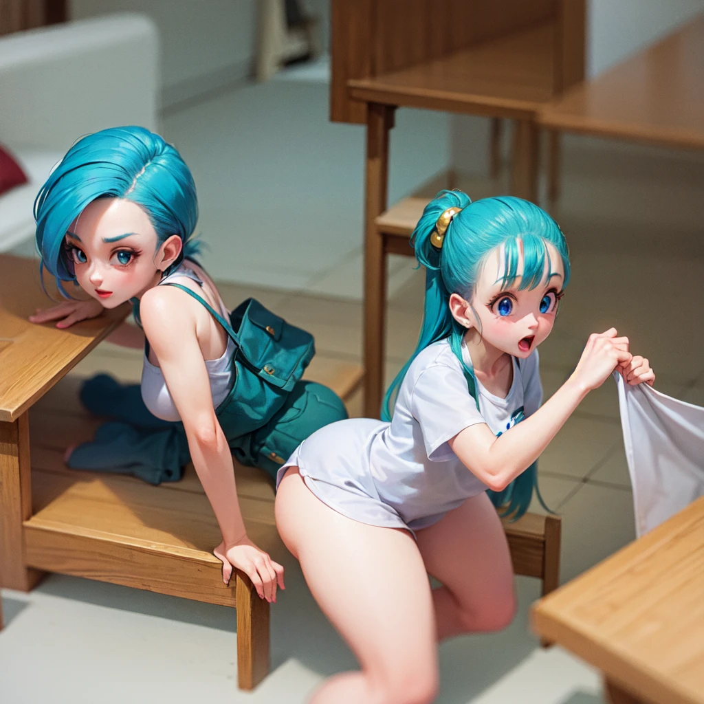 3 Litle girls, one on top of anoter, with no panties, big ass, medium breast, thich tighs, from behind, medium breast, very short skirt, blushed, short blue hair, pink hair, black hair, naked breast, nipples