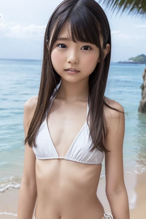 children, girls, fluffy bikinis, micro bikinis with little fabric, fair skin, Japan person, crisp double eyelids, snappy bangs, long hair, twin tails