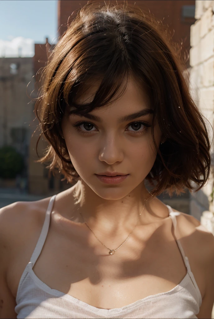 ((best quality: 1.5, masterpiece)), intricate details, sharp focus, professional, real life, realistic representation of the face, dynamic pose, in the style of realistic and hyper detailed renderings BREAK ((short curly [blonde hair:purple hair:0.8], ([flat chest:medium breasts:0.4], 1girl, 18 years old, mix4, (8k, RAW photo, best quality, masterpiece:1.2), (realistic, photorealistic:1.6), cute, night, rain, humid, professional lighting, photon mapping, radiosity, physically based rendering, ultra resolution, white cutoff t=shirt))), hyper-realistic, 8K