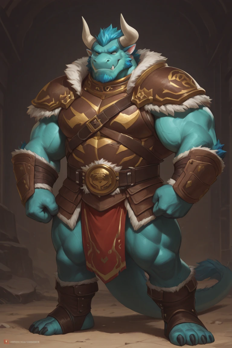 8k, fine details, (ultra detailed), a beautiful and detailed full size portrait of a male anthro lizardman, (((black body, blue skin))), red eyes, eyes, tail, bedroom eyes, High Dynamic Range, cinematic shot, detailed eyes, big body goddess, kenket, Ross Tran,ruan jia, vip, trending on artstation,foxovh, cenematic lighting, muscular anthro, big pecs, buff, abs, (((nipples, loincloth, medium bulge,)) full body, looking at viewer, front view, standing, strong legs, holding a bag of gold, arms armor, legs armor, chest armor, open mouth, ((close up view)), pose, smile, medieval castle road, detailed background,
