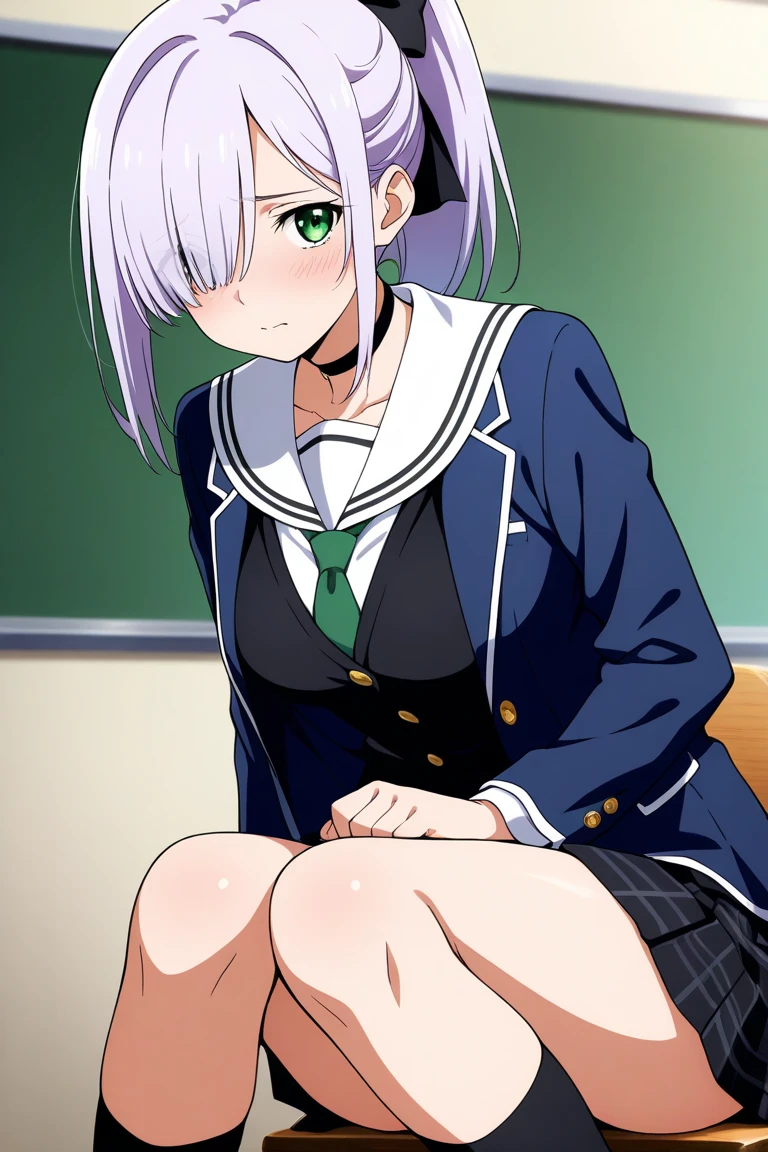 peeing self, indoors, busy classroom, school desk with chair, sitting, holding pen, Edelgard, upskirt view, legs together, a3r1th, peeing, peeing herself, perfect female figure, Edelgard, holding pen, silver hair, purple eyes, red_pantyhose, school uniform black shorts, hair ribbons, black ankle boots, looking down nervously, shy, embarrassed, aroused, shocked, panicking, worried, very desperate to pee, urination, legs crossed, rape face, full-face blush, high detail, Realism, Hyperrealism, multiple views, wide shot, pov, from above, ccurate, masterpiece, highres, UHD, anatomically correct, super detail, best quality, highres, 8k, other students sitting