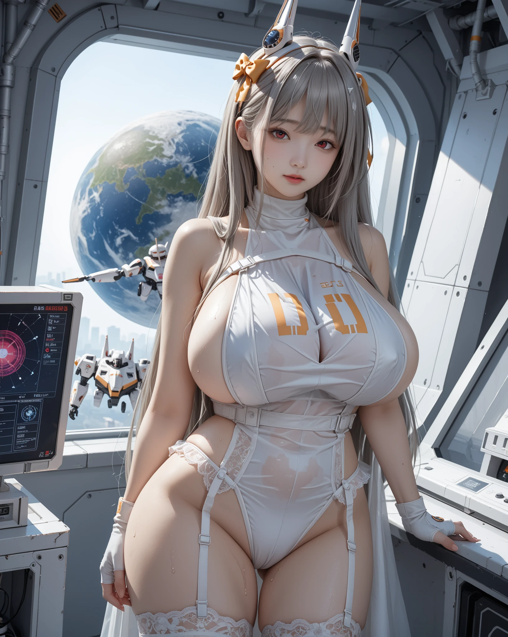 1人の女性、Extraordinary beauty、Rin々grim facial expression、(Blonde long braid、Bun１)、muscular body、Amazones-like、Outer space background、look at us with sharp eyes、爆乳、Exposed skin、(Show thighs、Show panties)、(Poses in motion)、Female hunting prey、4K、Raw photography、top-quality、full resolution、high-detail skin、more hair、Digital SLR、foco nítido、hight resolution、High-quality photos、Convoluted、Breast exposure、cleavage of the breast、(爆乳)、White Garter Set、White garter stockings、White corset、With smiling eyes、((Outer space background)), view from back