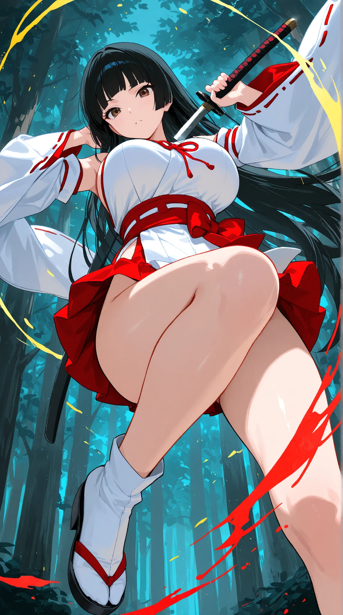 Spawns a white girl with white eyes and hair on the left side and black eyes and hair on the right side in the style of Kimetsu no Yaiba., Her hair reaches down to her ankles, with dark blue male demon slayer uniform fully covered, chest covered in bandages, two nichirin katanas on the back, imagem de fully body, rin tohsaka, Masterpiece artwork, 8k, high qualiy, fully body, small medium thighs, Waist slender, sexy and well defined body, rin, blue colored eyes, chestnut hair, long hair, two sides up, distributed strip, black hair ribbon, red sweater , high collar, long sleeves, cross print, Black Skirt, pleatedskirt, miniskirt, black pantyhose,