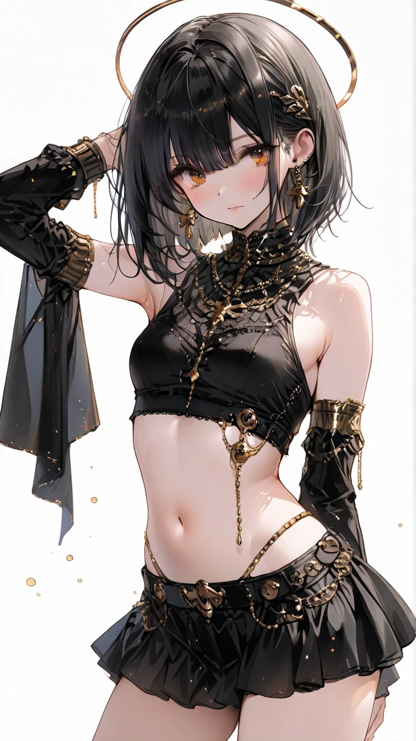 Girl dressed in black top and skirt putting worms in her navel