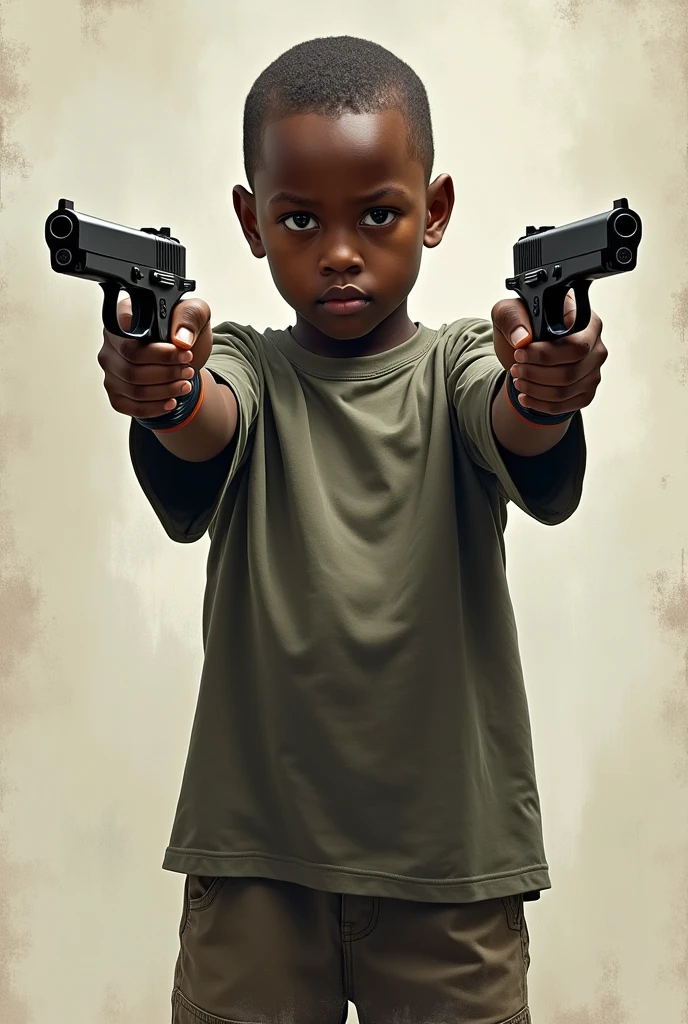 Dark-skinned boy with black hair wearing a rapper bandana pointing a Glock gun