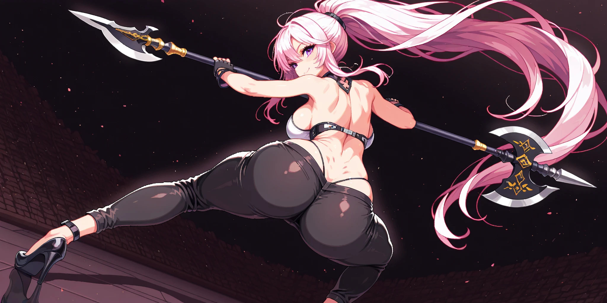 A warrior girl she only has one eye in a bra and skirt showing her tight white panties using a katana in a retrowave setting