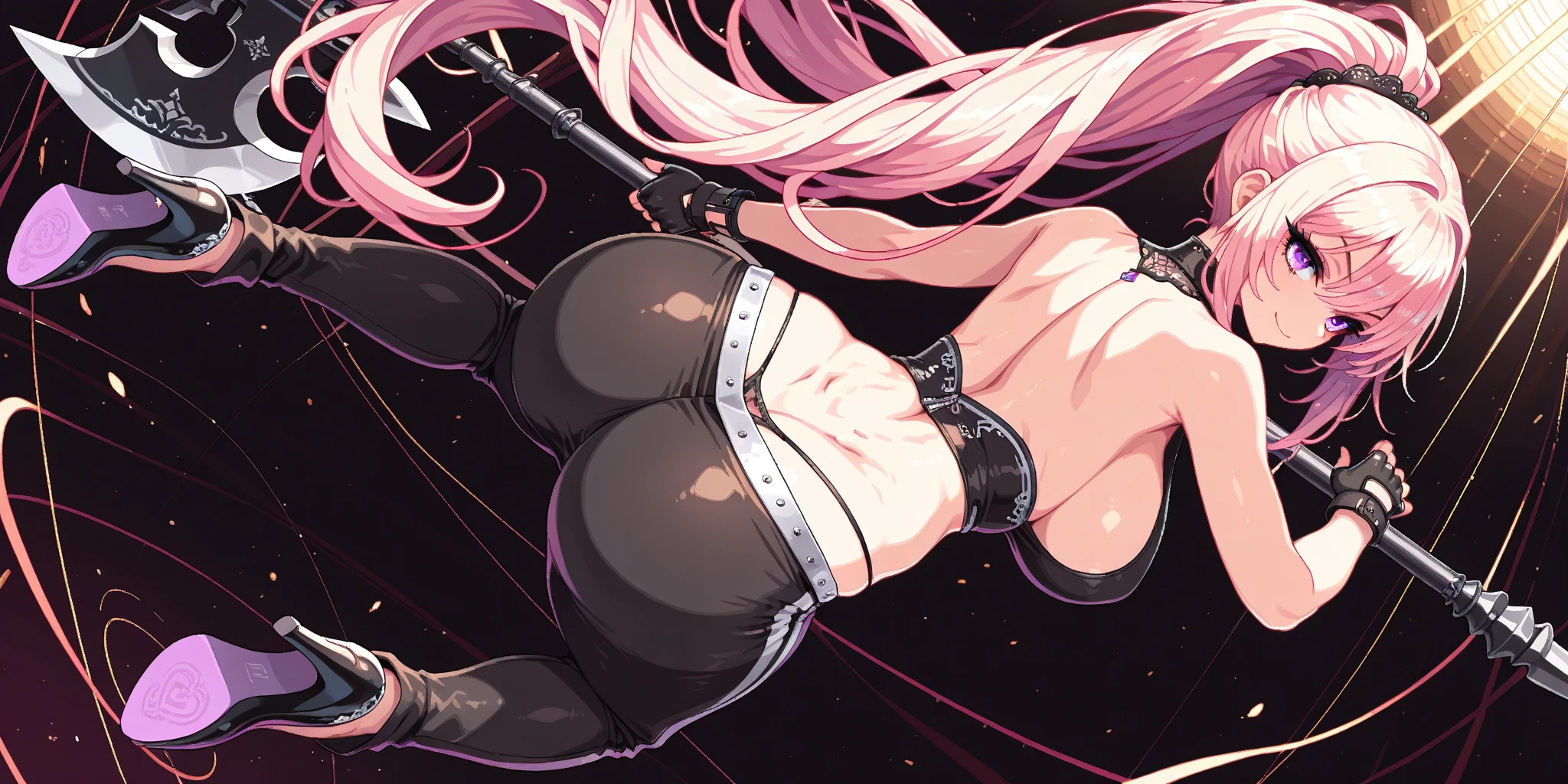 1 girl, (medium boobs))) (((big ass))), (smile), (((wearing short bikini))), (long pink hair), (((blue eyes) ))), (in beach at night with starry sky and moon full of blood), (slender), (thin waist), (butt only), legs (slim and muscular), muscular belly, barefoot, (evil look), (( (body photo whole))), (standing), showing ass to the audience, twintails, glowing eyes, eye reflection, Bad mood, anime, Anime Style, ray tracing, glow, drop shadow, panorama, Sony FE, 8k, High definition, artwork, Accurate, Anatomically Correct, super detail, Best quality, high resolution, high definition, 16k