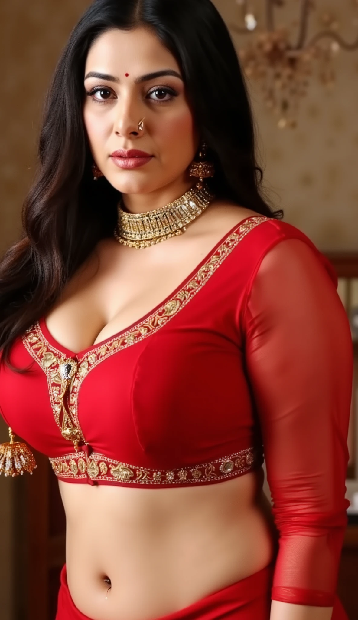 Full naked body, transparent blouse,  Bra/Breast Size, 34 inches ; Waist Size, 28 inches ; Hip Size, 330inches.,visible breast and nipples,ultrarealist, intricate details,image of plus size curvy thick milf bbw Goddess tabu wearing red armor suit with intricate indian design also have golden jewelry,very thick milf body, long hair, white skin tone, red lips, 8k,hyper realistic image, ear rings, nose ring with diamond, naked , naked breast.