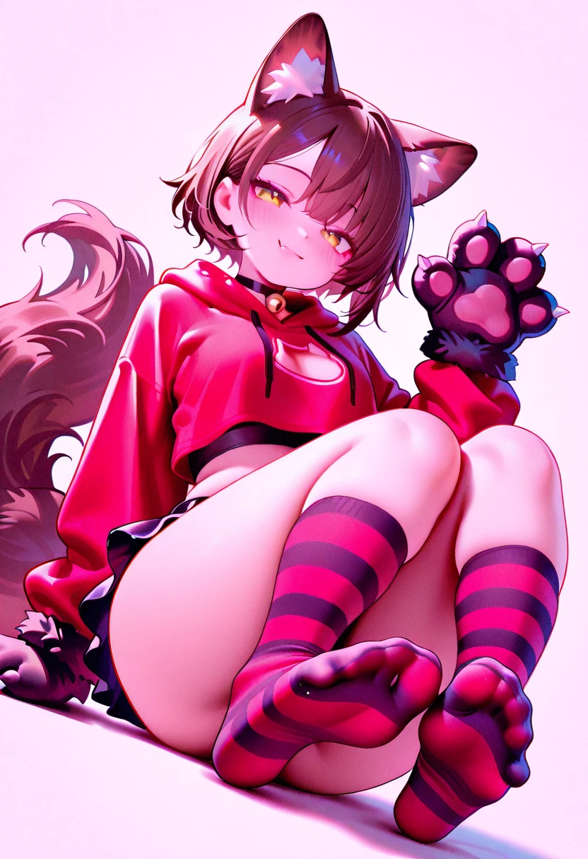 Cute little fung, Cat ears, Cat tail, red short wolfcut hair, cute, sport clothes, unziped jacket, solo anime girl, towel on neck, small breast, Sportive body, sport shoes, red eyes, medium ass, 