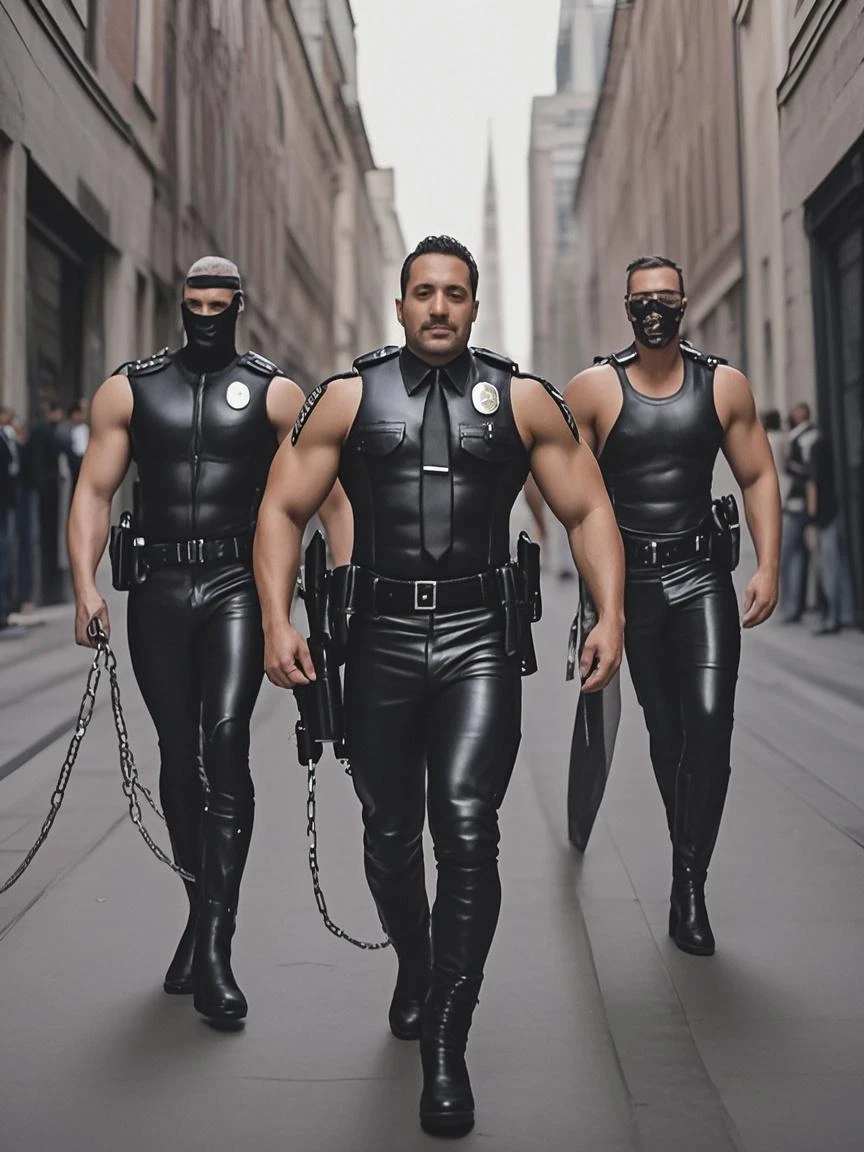 A police muscular shirtless arabian men, leather harness, briefs(underwear), black gloves, outdoor, dark short hair