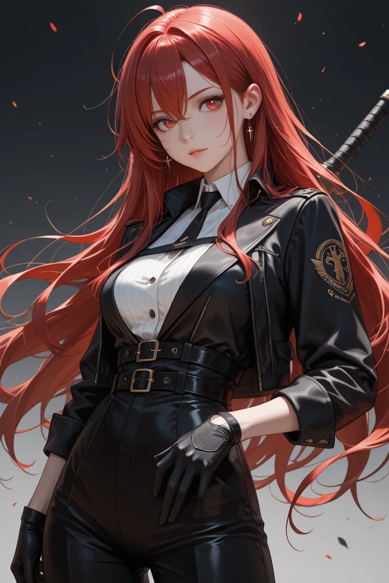 (masterpiece:1.4, best quality:1.4), illustrations, (solo:1.2), (original), (very detailed wallpaper), photographic reality, (ultra detailed:1.4), (super complex details), ((Magazine cover-style:1.4)nami \(one piece\),makima \(chainsaw man\), best quality, ultra detailed, 1girl, solo, standing, red hair, long braided hair, golden eyes, bangs, medium breasts, white shirt, necktie, stare, smile, (evil:1.2), looking at viewer, (interview:1.3), (dark background, chains:1.3)