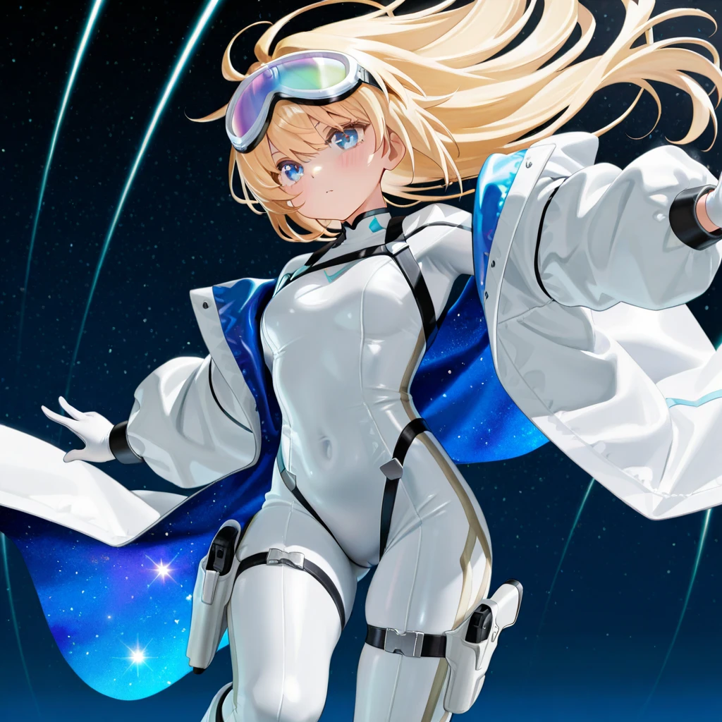 ((masterpiece))、highest quality、(Whole body wide angle)、Neo Universe(Umamusume)、1 girl, Neo Universe(Umamusume)、alone, chest, looking at the viewer, blush, smile, long hair, bangs, large chest, blonde long hair, long sleeve, blue eyes, headphone,beret,:d, body suit, b space, white body suit, blue sky,Ocean,summer,Wind:1.3,, space suit break