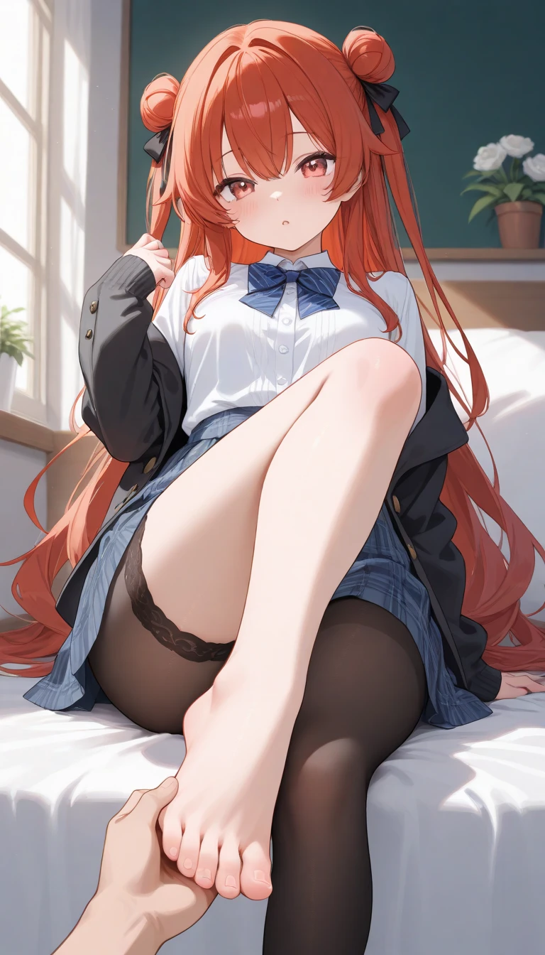 1girl,skin fang,evil smile,open mouth,half-closed eyes,blush,heart-Shaped Pupils,red hair,blue eyes,Sailor suit,long hair,black socks,mary jane shoes,five fingers,from below,feet focus,spread legs,no panties,in the classroom,sitting