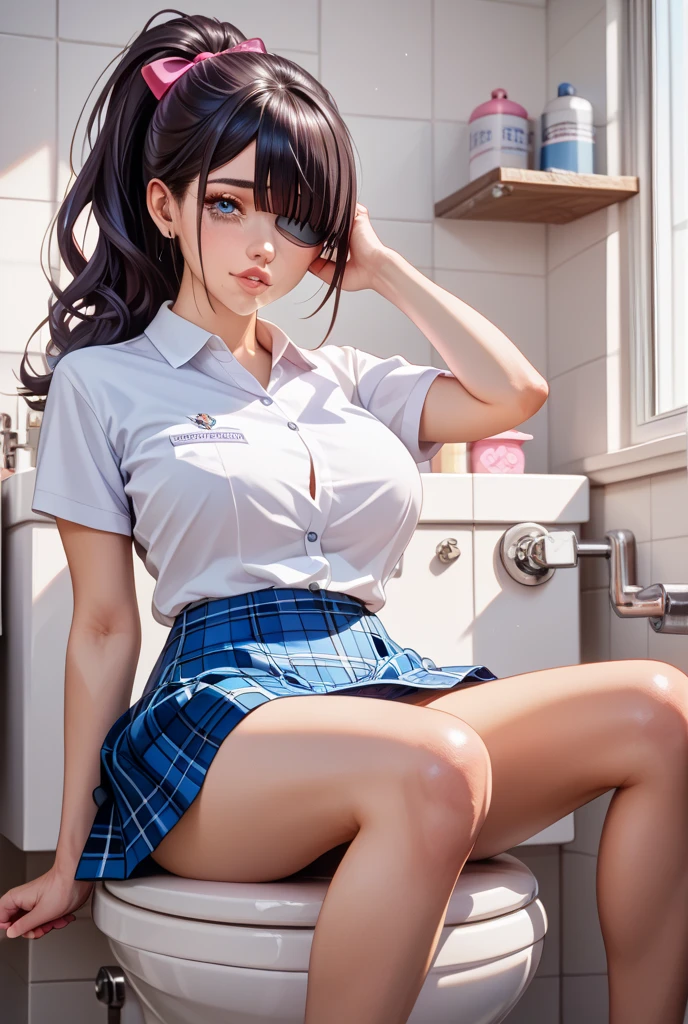 professional women photo, masterpiece, big, 1girl, shiny skin, flirting, from above, (bangs), (sweaty: 1.3), blur background, photo of a woman 20 years old, white wet panties, (white lace panties), panty shot, spread legs, skirt, school uniform, socks, dark brown hair, blurry background, knee-high, white shirt, loafers, realistic, lips, Brown eyes, Black socks, Tie, Dark blue pleated skirt, Sideways, Brown footwear, Top quality, Ultra detail, School classroom, Angle from below, Glossy skin, Shiny skin, Sweaty on thighs, Long eyes, Mature beautiful face, Seductive eyes, Lifting thighs, Backlit, Navy blue blazer uniform with patches, bent at the waist, M legs,(blush),
