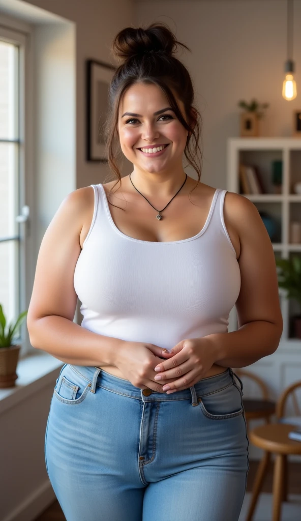 1 girl, photorealistic, realistic, ugly:1.3, Ingush woman. (((she has a sleek bob medium length short hair)))), wide forehead, Durdzuks facial feature, Durdzuks forehead, 30 year-old-woman, Let your face light up with a wide smile, crinkling your eyes at the corners and showing off your teeth. Radiate happiness and warmth, (((she is looking at the camera smiling))), (((dynamic pose))), boobies, (((In a room where history echoes through the ink-stained pages of vintage newspapers, a woman sits seductively upon a weathered wooden stool. The walls around her are a patchwork of headlines and articles, each one a testament to the moments that shaped the world. Her posture is one of quiet contemplation, fingers delicately tracing the edges of a well-worn article. The room itself seems frozen in time, a haven where the past converges with the present in a symphony of printed words and faded photographs.))), (((she is wearing a distressed high-waisted denim pants without any top exposing her breast)))